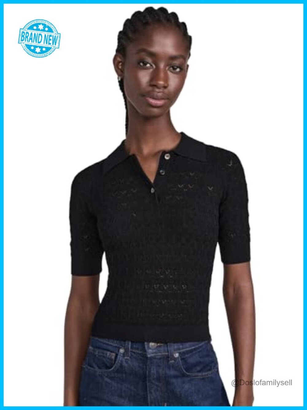Fine Gauge Pointelle Knit Polo Sweater Short Sleeve Collared